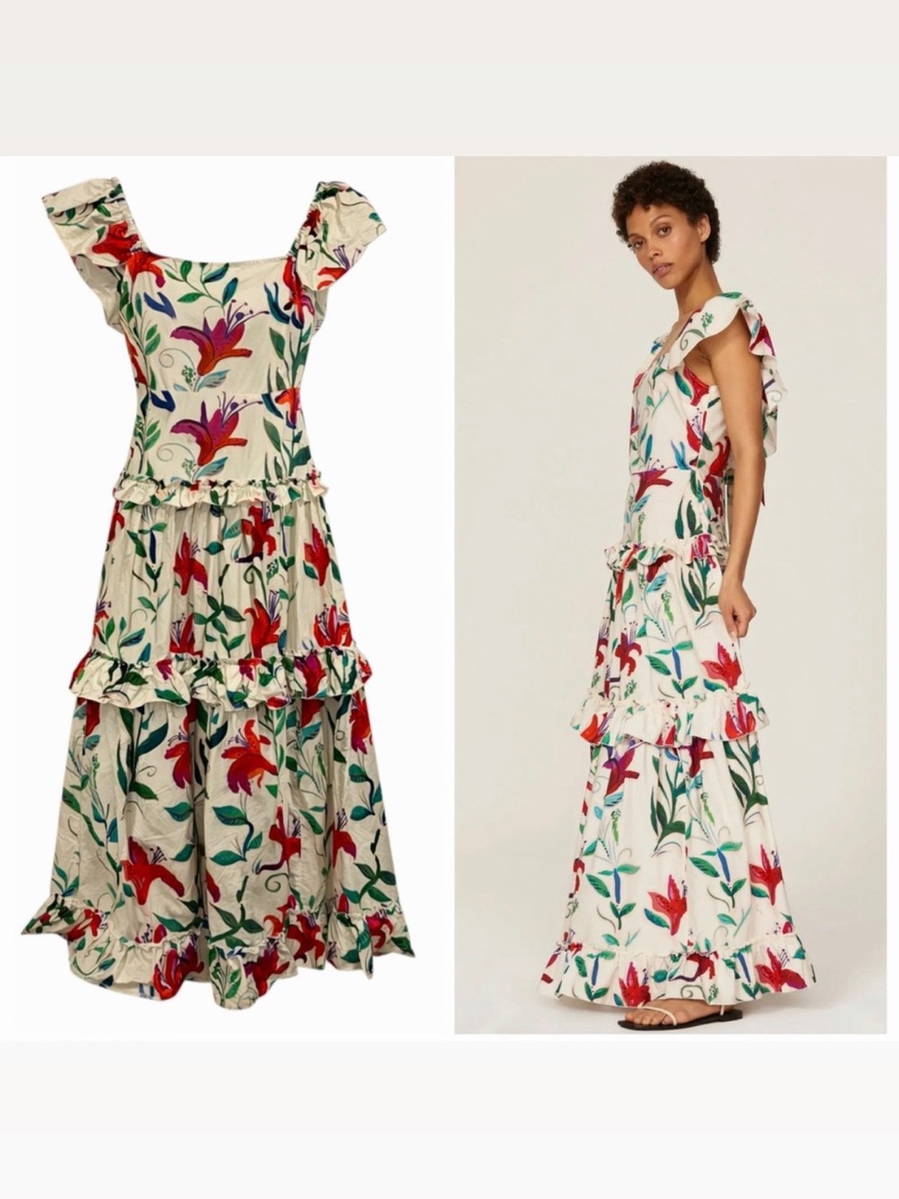 La DoubleJ Floral Multicolor Maxi Dress Tiered Ruffle XS Boho Party Casual 🟡